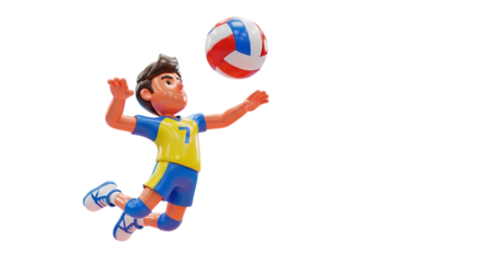 Cartoon boy jumping to hit a volleyball on a white background