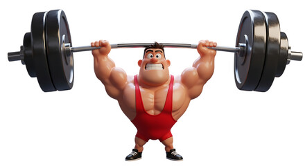 Cartoon bodybuilder lifting a heavy barbell on black background