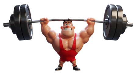 Cartoon bodybuilder lifting a heavy barbell on black background