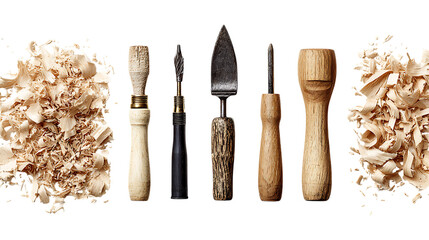 Collection of woodworking tools and wood shavings isolated on transparent background