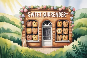 Whimsical watercolor bakery shop with smiling bread loaves in windows loaf