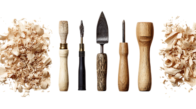 Collection of woodworking tools and wood shavings isolated on transparent background