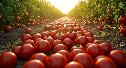 Vibrant red tomatoes growing in rows under bright sunlight