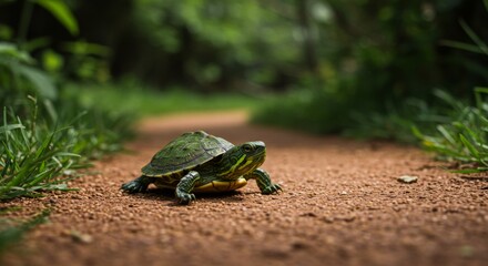 Red eared slider turtle crossing a dirt path