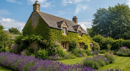 Quaint stone cottage with lavender in bloom