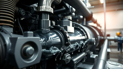 Engine pump water overview or cross section of equipment. Scene. Large pipe close-up