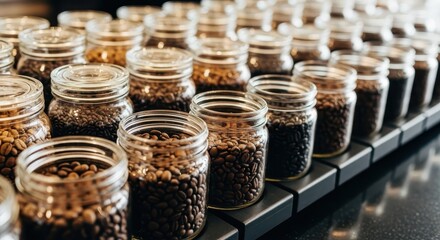 Close up of numerous clear glass jars filled with various gourmet coffee beans on display