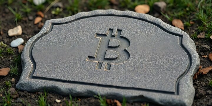 Gravestone with a bitcoin symbol etched on it, collapse, cryptocurrency
