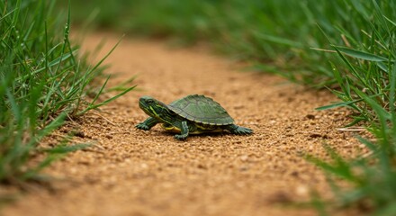 Small turtle crossing a sandy path