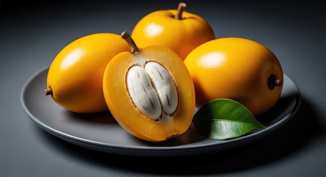 Ripe canistel fruits, one sliced open to reveal creamy yellow flesh and seeds, on a grey plate