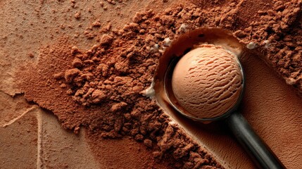 Delicious chocolate ice cream scoop on textured cocoa powder background for dessert lovers and culinary enthusiasts
