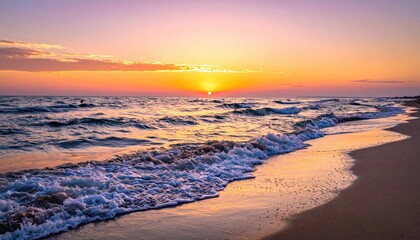Ocean Beach Sunset with Golden Light Reflecting on Water and Sand at Dusk Serene Coastal Scene with Warm Hues and Gentle Waves Tranquil Evening