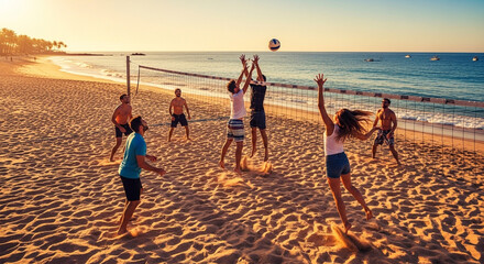 Dynamic group of friends energetically playing beach volleyball under golden sunset, capturing vibrant summer fun and active lifestyle moments by the ocean.