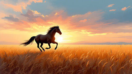 A majestic brown horse galloping through a golden field at sunset with a colorful sky background