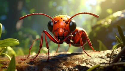 Close-up of a vibrant red ant in a lush forest setting