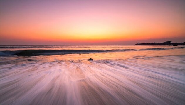 Ocean Sunset with Golden Sky and Blurred Waves in Long Exposure Photography, Seascape, Sea Foam and Pink Hues, Serene Coastal View