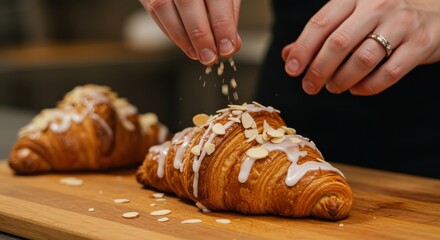 Freshly baked golden croissants are decorated with a white glaze and almond flakes as the baker adds the finishing touches on a wooden cutting board.