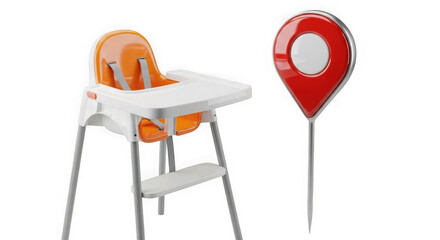 Baby high chair and location pin icon representing childcare services isolated on transparent background