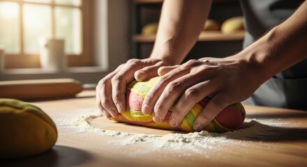 Close up of baker hands kneading vibrant multi colored dough on a flour dusted wooden table