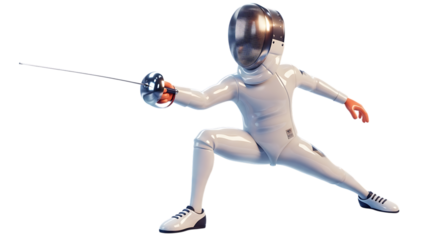 Fencer in White Uniform with Foil on Black Background