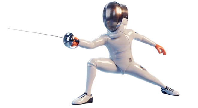 Fencer in White Uniform with Foil on Black Background