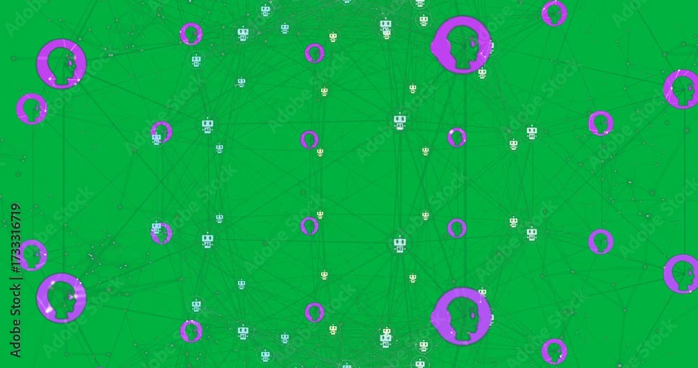 Wall mural animation of ai icons, connections with data processing over transparent background