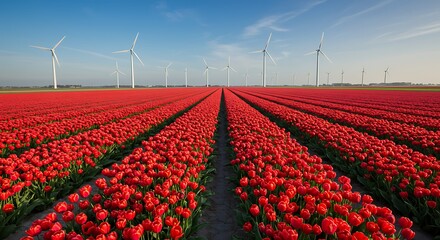 Vibrant red tulip field with wind turbines against a clear blue sky