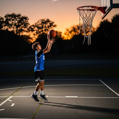 Dynamic young athlete soaring for a basketball layup against a vibrant sunset, capturing the thrill of the game and dedication to sport