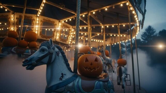 A spooky carousel with pumpkin heads and glowing lights in a foggy, eerie atmosphere.