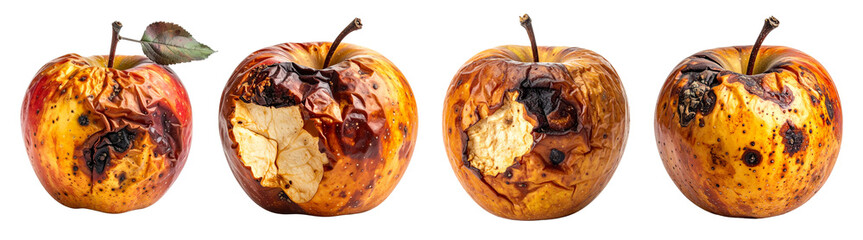 Rotten apple isolated on white background, wrinkled skin, dark brown spots