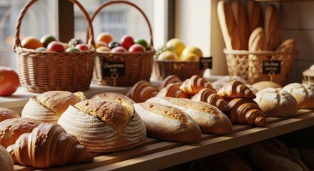 Assortment of artisanal bread loaves and golden croissants displayed on wooden shelves in a rustic bakery
