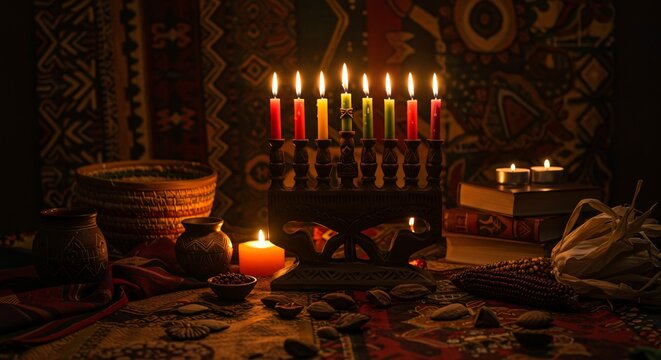 Kwanzaa Celebration Lighting Kinara Candles Traditions African American Holiday Festivities Cultural Heritage Respect