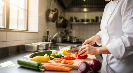 Skilled chef expertly chopping vibrant bell pepper and fresh vegetables for a gourmet meal in a sunlit professional kitchen, showcasing culinary passion and healthy ingredients.