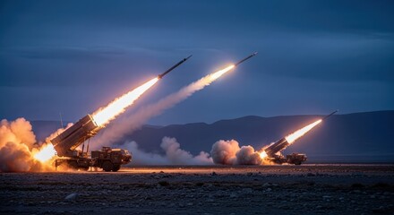 Obraz premium Two military missile launchers simultaneously firing missiles with bright flames into a twilight sky