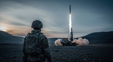 Military soldier in uniform observes a powerful missile launch from a mobile platform