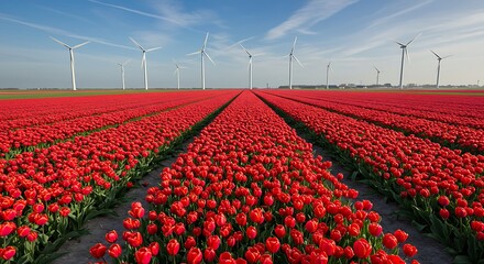 Vibrant red tulip fields and wind turbines under blue sky