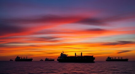 Naklejka premium Silhouettes of large cargo ships sailing on the ocean against a dramatic colorful sunset sky