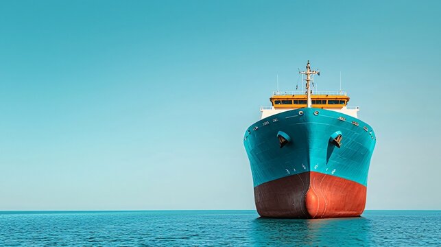Low angle cinematic shot of futuristic hull design on IMO Push Green Shipping vessel against clear sky.