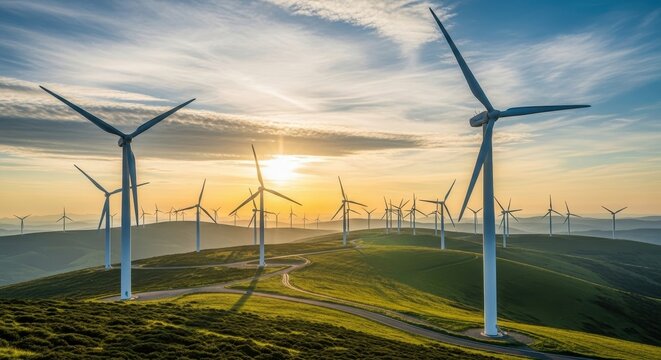 Modern wind turbines on green hills at sunset, generating clean energy
