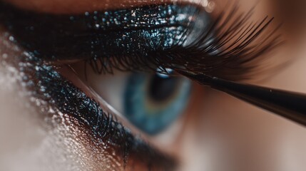 Close-Up of Eye Makeup Application with Shimmering Blue Eyeshadow and Long Eyelashes