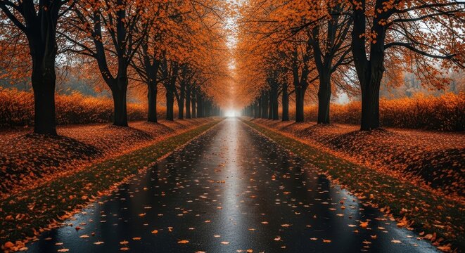 Dramatic autumn alley with vibrant orange trees lining a wet asphalt pathway leading into mist