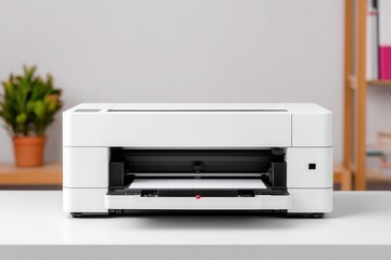 Fototapeta premium Printing Press Minimal concept. Modern white printer on a clean desk with a plant in the background.
