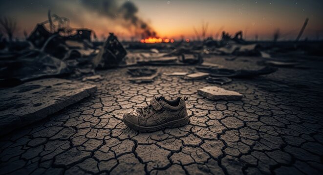 Abandoned child shoe on cracked dry earth in a desolate landscape at sunset - Powered by Adobe