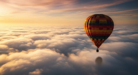 Obraz premium Majestic hot air balloon gracefully ascending through dense clouds at golden sunset