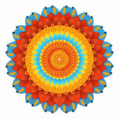 A vibrant and symmetrical circular design featuring layers of colorful petals and geometric shapes.