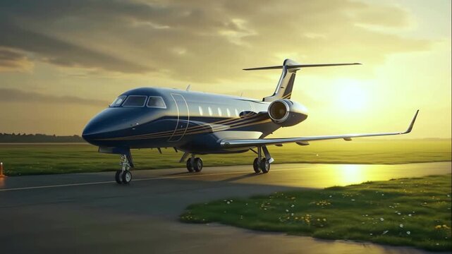 Blue private jet stands on runway at sunset reflecting golden sky on the runway among the green fields and dramatic clouds emphasizing luxury travel and executive transport concept of private aviation