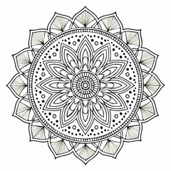 Fototapeta premium Intricate mandala design featuring symmetrical floral and geometric patterns in black and white, radiating from a central point.