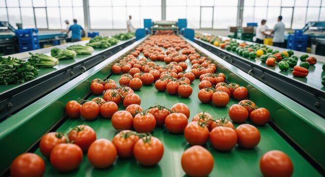 Vibrant red tomatoes and fresh produce on a conveyor belt in a modern agricultural facility - Powered by Adobe