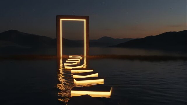 Glowing rectangular portal stands in water with illuminated stepping stones leading through against mountain lake and starry sky creating a surreal pathway concept of mystical journey