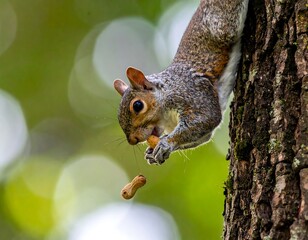 Obraz premium Gray squirrel eating a nut in a tree